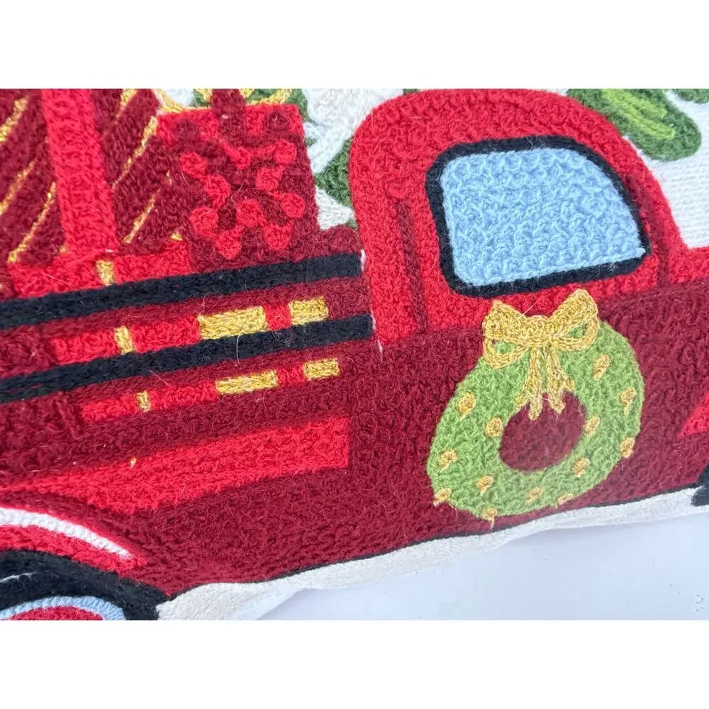Christmas Red Truck Wreath Gifts Hooked Decorative Pillow 21x14 Comet & Cupid